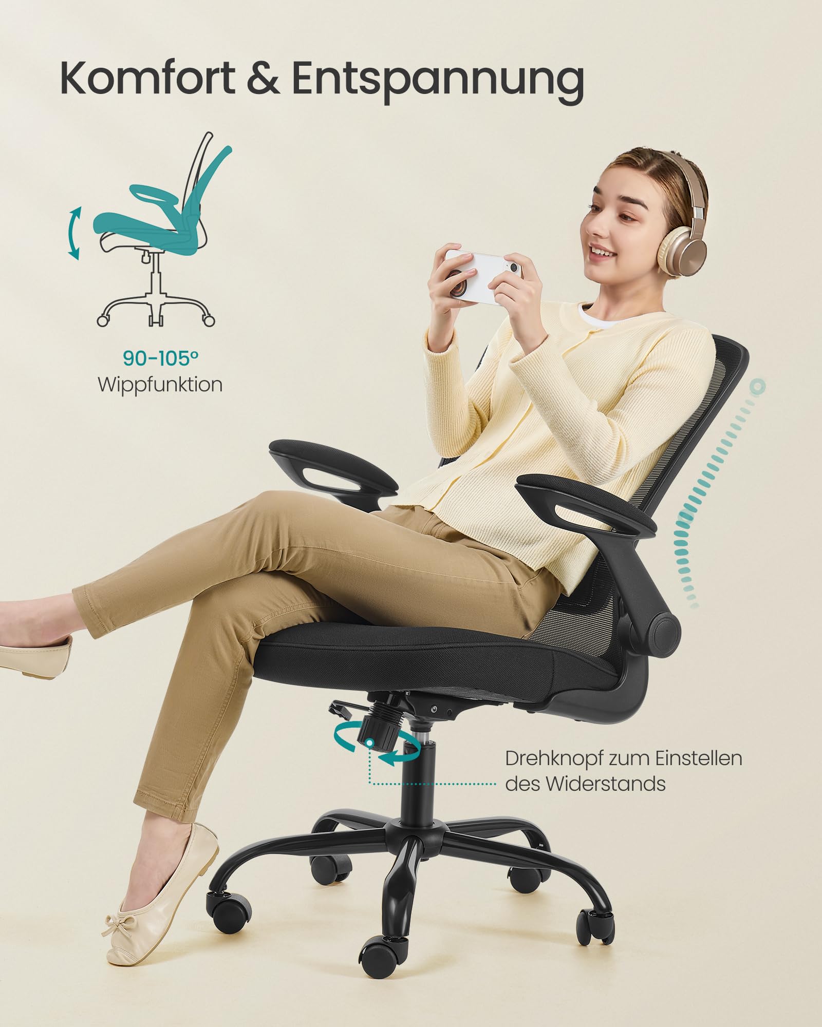 SONGMICS Bürostuhl ergonomisch, Drehstuhl mit Mesh, Lenden- und Kopfstütze, Wippfunktion, 53 cm große Sitzfläche, klappbare Armlehnen, Arbeits- und Schlafzimmer, Studenten, schwarz OBN37BK 8