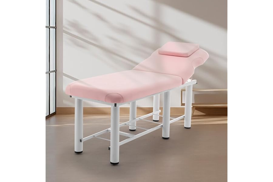 Hohuqeri Professional Massage Bed 73 Inch, Treatment Table Salon with Removable Headrest, Stationary Physical Therapy Table Spa Facial with Adjustable Backrest, Steel Frame, Pink