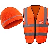 Funtery 2 Pieces Orange Hunting Vest High Visibility Safety Clothes, Hunt Vest with Zipper and Pocket Construction Clothing with Reflective Stripes and Hunting Hat Knit Beanie Cap for Men Women