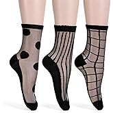 Yolev 3 Pairs Sheer Socks Black Sheer Ankle Socks for Women Ultra Thin Transparent See Through Sock One Size Stripes and Geometric