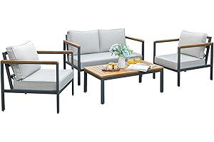 Devoko 4 Pieces Patio Furniture Sets Outdoor Conversation Set Acacia Wood Sofa Set with Coffee Table Thicker Sponge Cushion