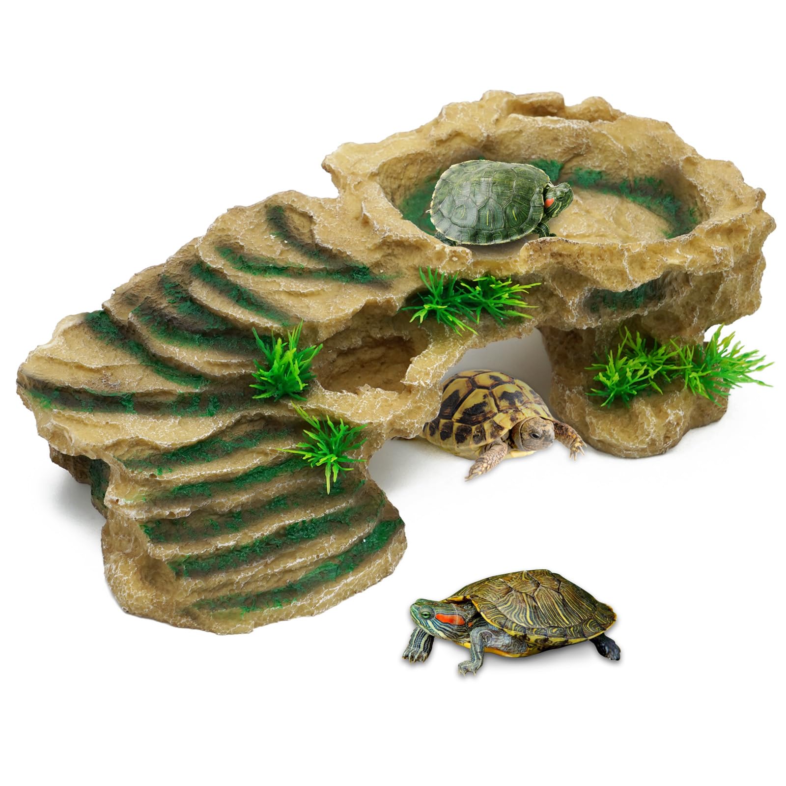 BREUAILY Reptile Ramps Platform Resin Turtle Basking Platform with Climbing Ramp Reptile Hide Cave Habitat Ornament for Bearded Dragon Lizard Frogs