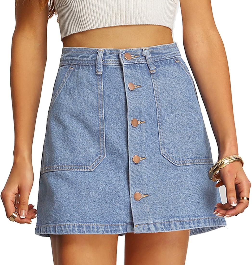 SheIn Women's Button Front Denim ALine Short Skirt Light