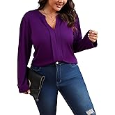 Angelips Women's Plus Size Tops V Neck Pleated Front Shirts Trendy Casual Business Tunic Long Sleeves Fall Blouse