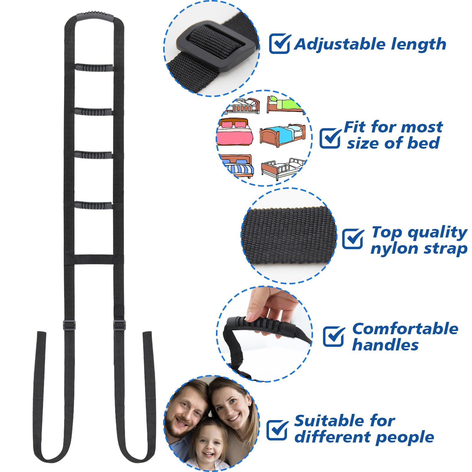 KkaFFe Bed Ladder Assist Pull Up Sit Up with 6 Handles, Adjustable Rope Bed Ladder Strap, Bed Rope Ladder Helper for Seniors, Pregnant, Handicap, Injury