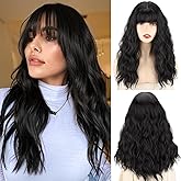 Xinran Black Wig with Bangs 18 Inch Medium Length Wavy Wig for Women Synthetic Natural Heat Resistant Long Black Wig for Halloween Daily Party Use