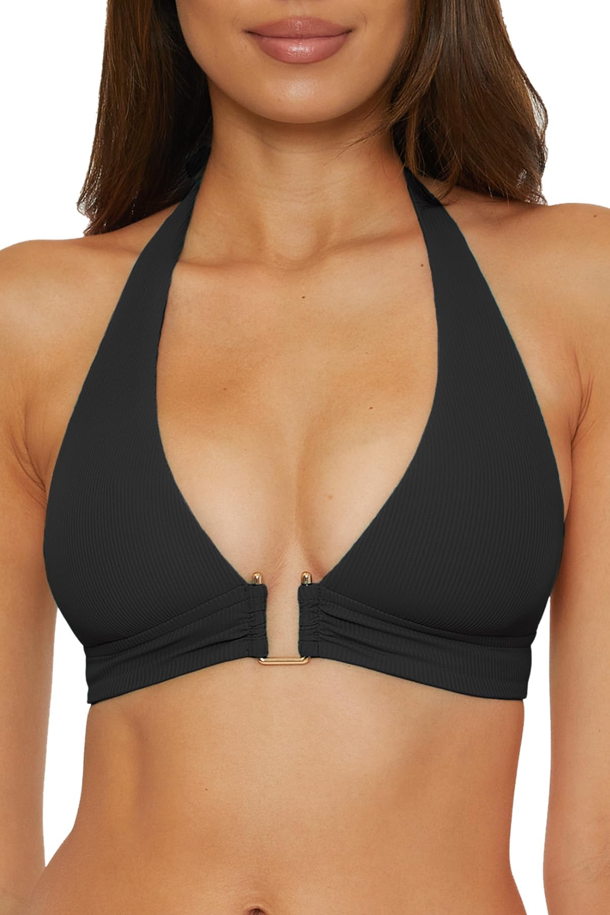 Photo 1 of BECCA Women's Standard Modern Edge Halter Bikini Top, Adjustable, Tie Back, Swimwear Separates, Black