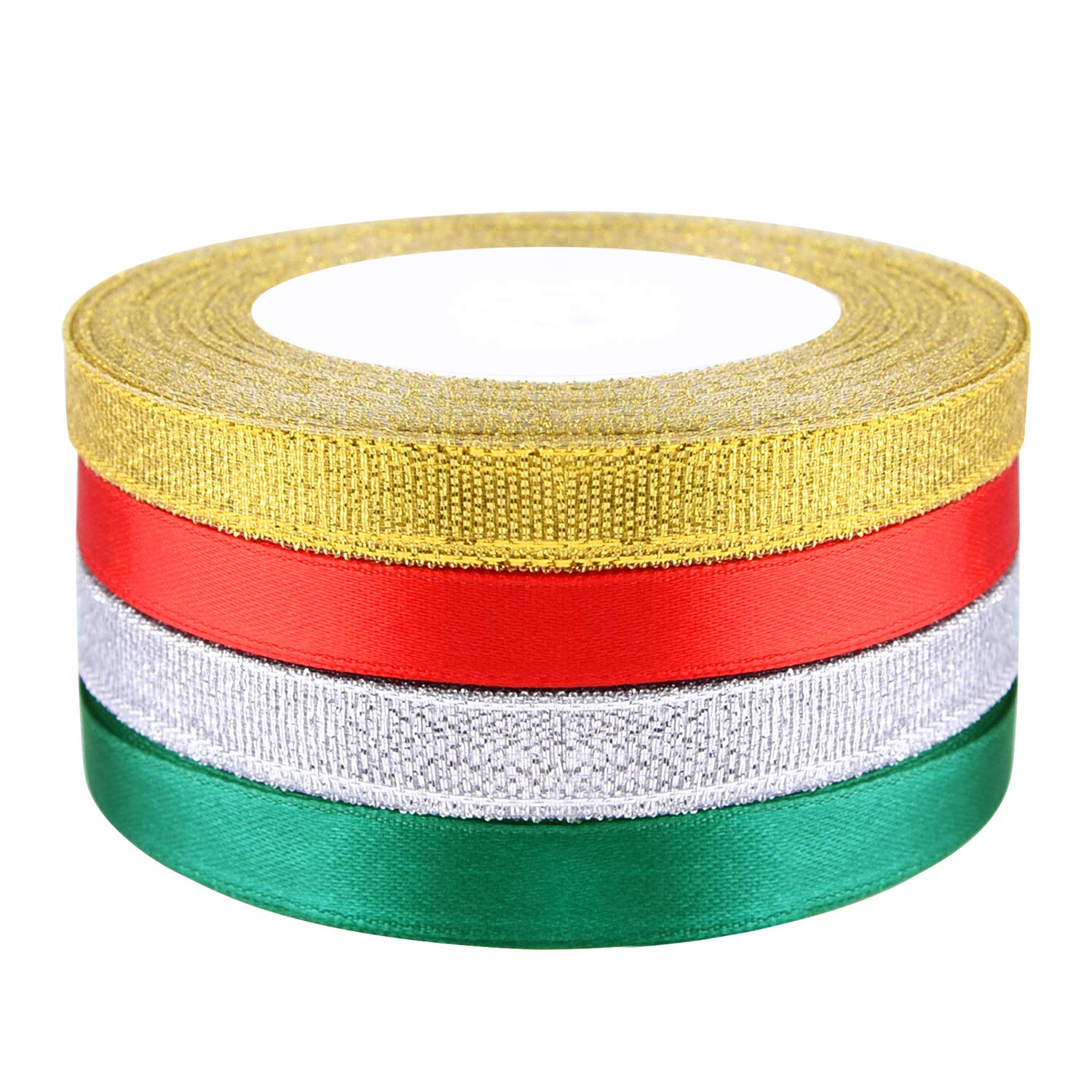 FEPITO 4 Pcs 10mm Christmas Wrapping Ribbons - Red, Green Satin, Gold, Silver Glitter