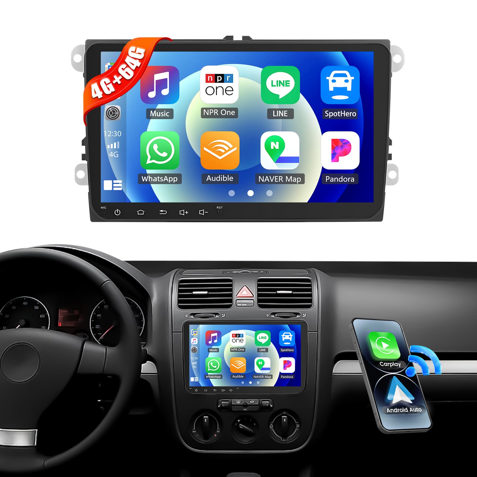 CAMECHO 4G+64G 9" Android 15 Car Stereo for VW Polo Tiguan Caddy T5 Golf Skoda Octavia Fabia with Wireless CarPlay Android Auto Touch Screen Car Radio with 16EQ Bluetooth 5.0 GPS Sat Nav WIFI FM RDS