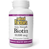 Natural Factors Extra Strength Biotin 10,000 mcg Vitamin B7, 60 Veg Caps | Helps Support Healthy Hair, Skin &amp; Nails &amp; Normal Metabolism of Fats, Carbohydrates &amp; Protein*