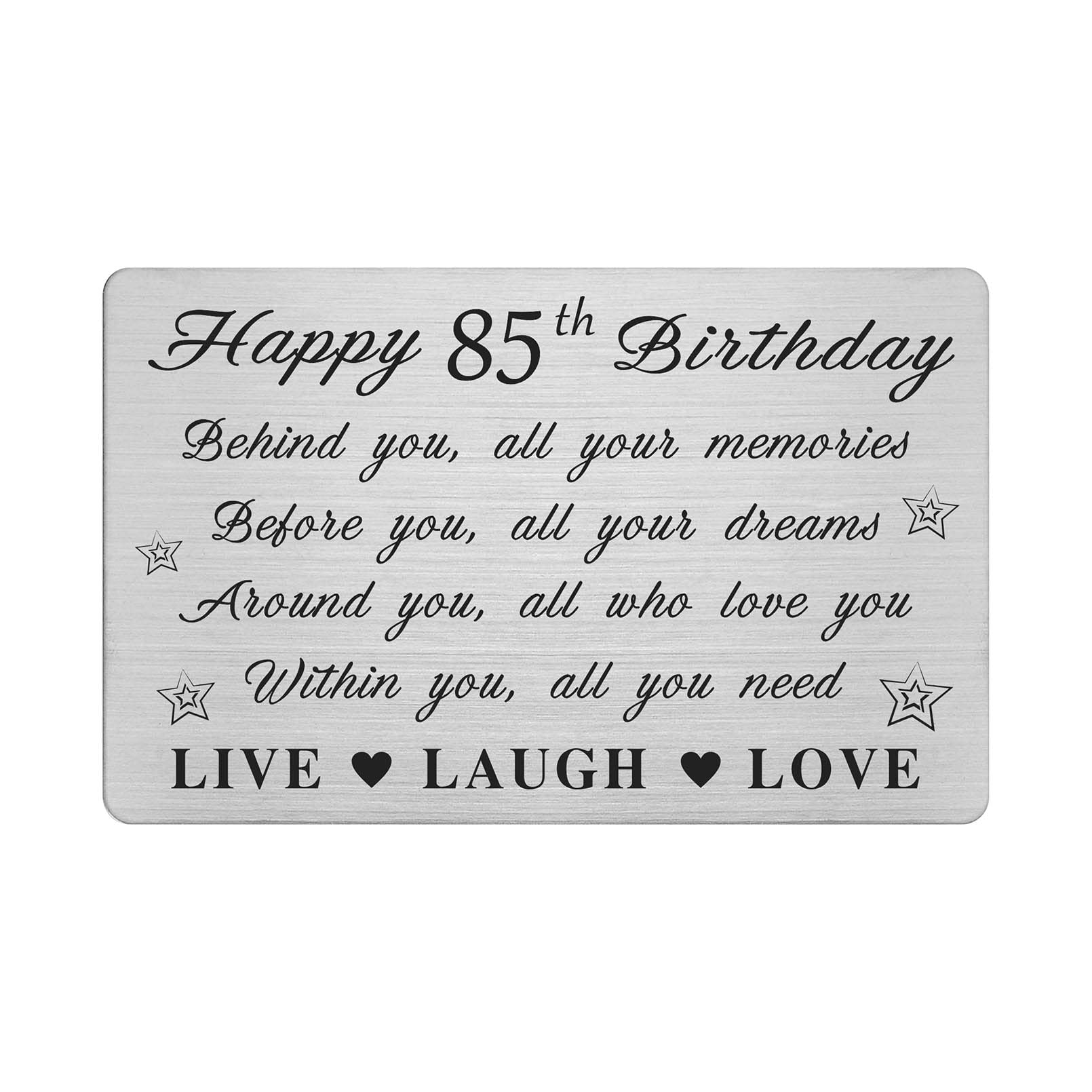 FALOGI Happy 85th Birthday Card - Live Laugh Love - 85 Year Old Birthday Gifts for Men Women, Personalised Engraved Wallet Card