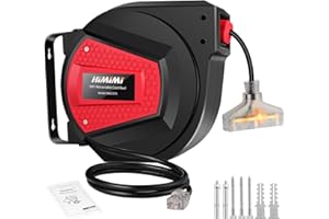 Himimi Retractable Extension Cord Reel, 50FT 14AWG/3C Power Cord Reel for Garage Workshop, Wall/Ceiling Mounted Extension Cord Reel, 3-Lighted Triple Outlets, UL Listed, 13A Circuit Breaker