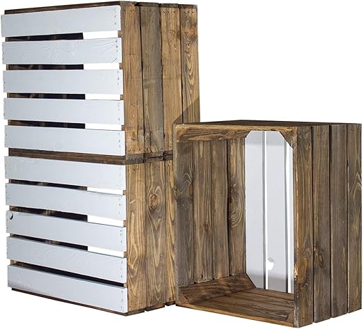 4 cajas de manzanas usadas – Aspecto flameado – Base blanca 50 x 40 x 30 cm – Caja