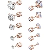 Stud Earrings For Men Women Screw Back Stainless Steel Hypoallergenic Front Back Cubic Zirconia Ear Studs Earrings Set Sensitive Ears 5 Pairs