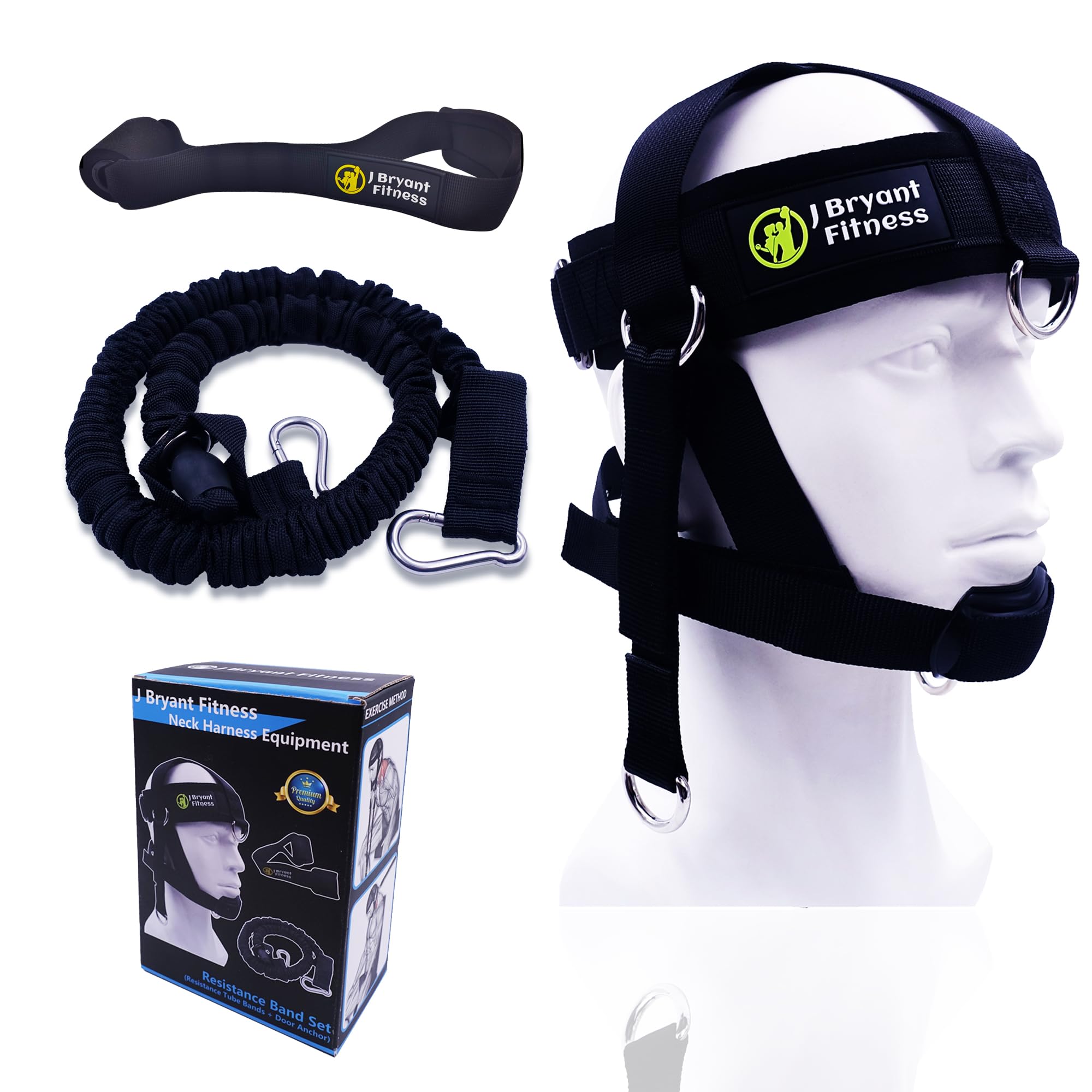 J Bryant Adjustable Neck Harness Head Strap for Weight Lifting with Resistance Tube Bands and Door Anchor Set for Neck Strength Training Exercise Equipment