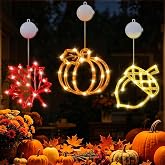 Lewondr Fall Window Decoration Lights, 3PCS Thanksgiving LED Lights | Fall Acorn Maple Leaf Pumpkin with Suction Cup, Battery Operated Autumn Hanging Light Decor with Timer for Home Wall Bedroom