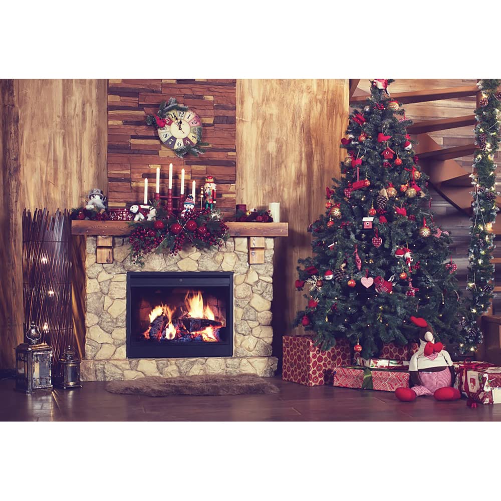 Aoihrraan 3x2m Vintage Christmas Fireplace Photography Backdrop Glitter Xmas Trees Burning Fire Retro House Background New Year Festival Family Party Supplies Kid Portrait Photo Studio Props