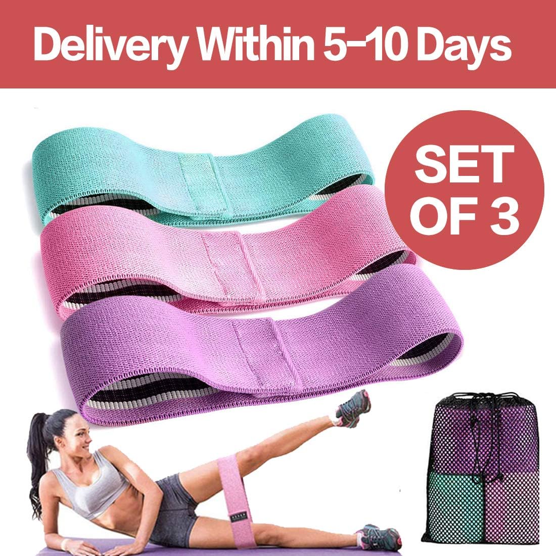 THLAND 【2020 Upgrade】 Fabric Non Slip Booty Resistance Bands for Legs and Butt, Stretch Exercise Band Set for Women Home Workout, Thigh Hip Squat Fitness Peach Bands (Set of 3)