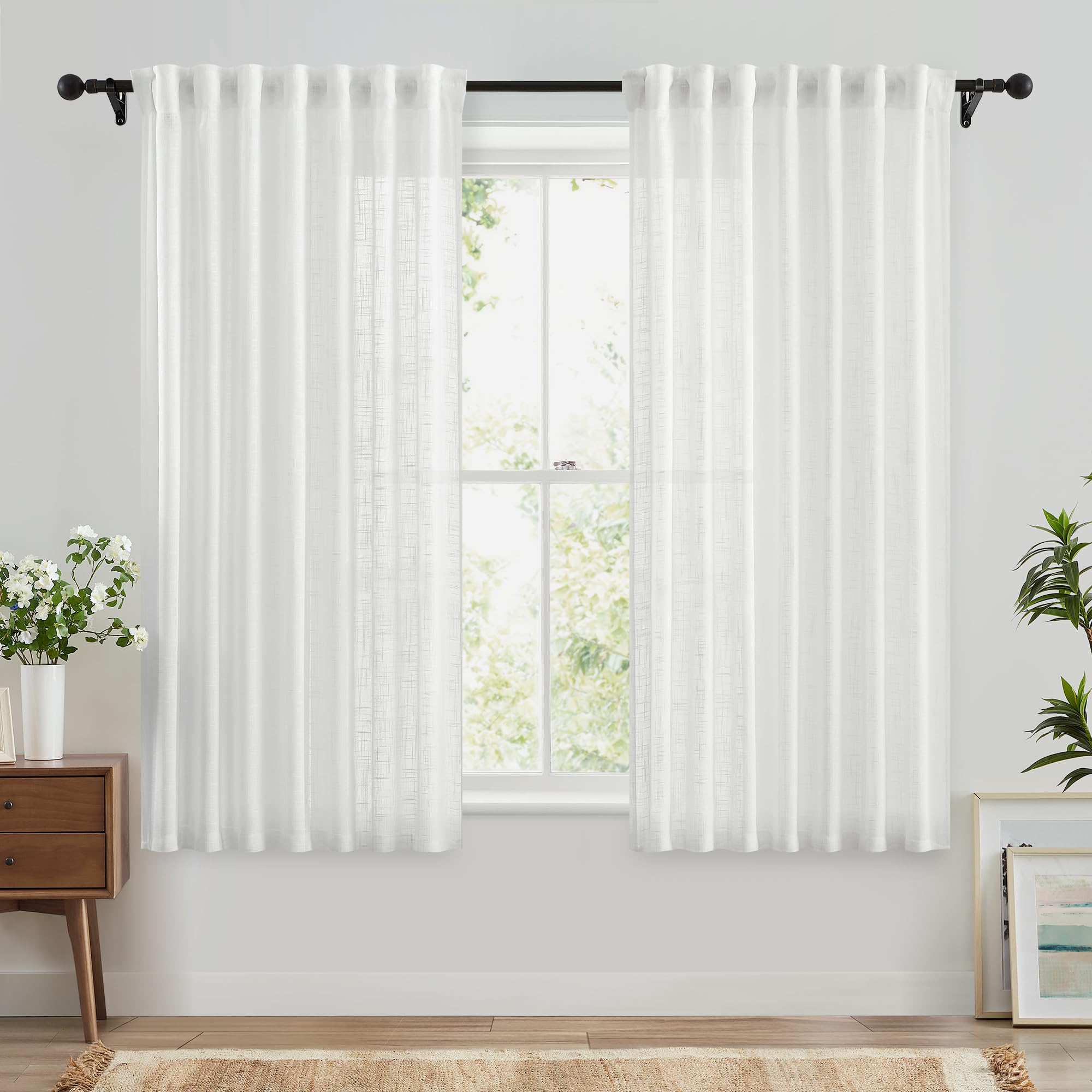 Fmfunctex White Rod Pocket Sheer Curtains for Bedroom 54 Drop Linen Textured Back Tab Curtains for Living Room Semi Sheer Light Filtering Window Curtain Drapes for Dining Room 2 Panels