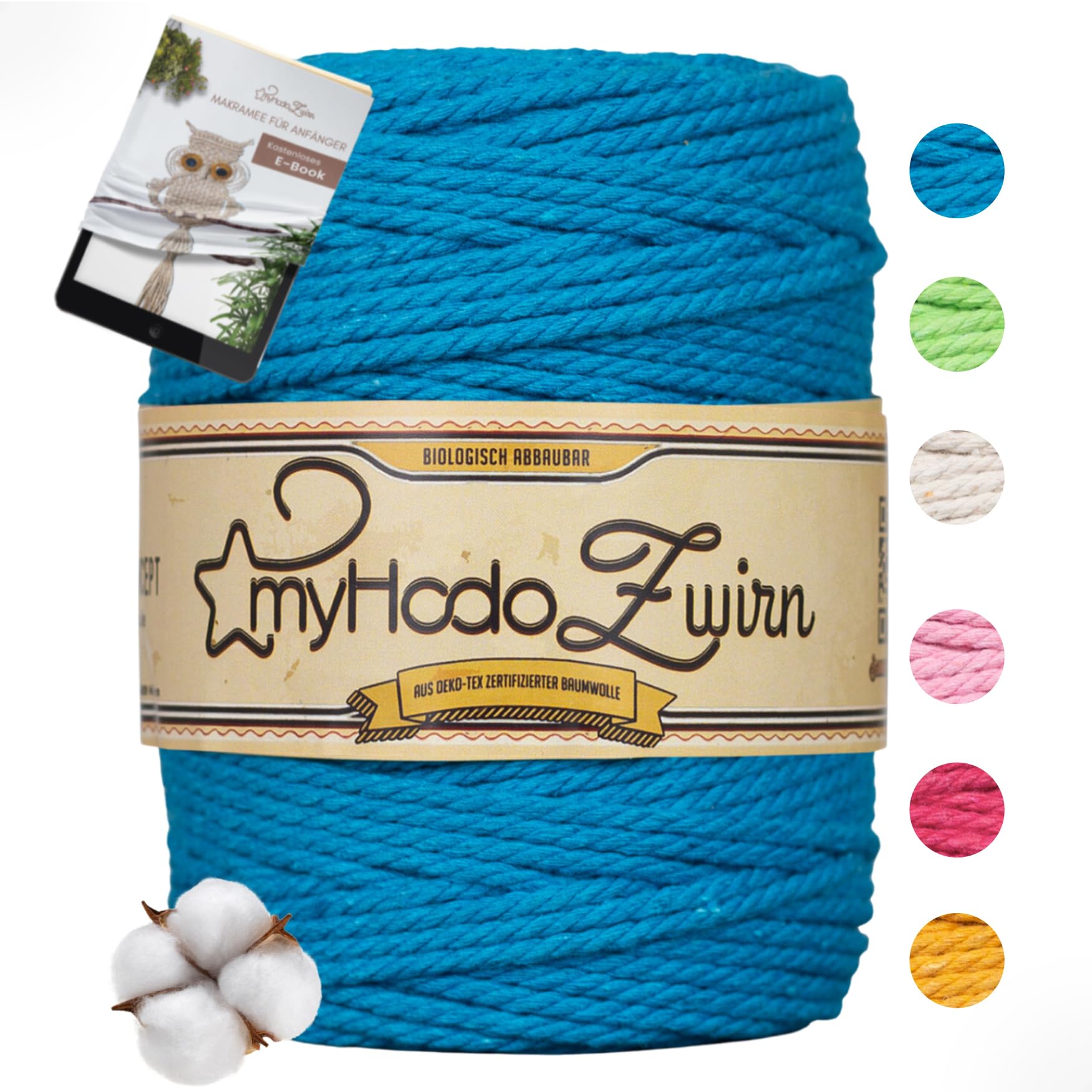 myHodo Premium Blue Macrame Cord – OEKO-TEX Certified Cotton, Soft & Durable, Plastic-Free Packaging – Ideal for DIY Projects, Home Decor (3mm x 100m)