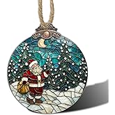 AMDERVEN Stained Glass Christmas Decorations, Santa Claus Giving Gifts Suncatcher for Window Christmas Tree Hanging Ornaments Snow Scene Sun Catcher Xmas Decor Gifts for Women Men Mom Nana Friend