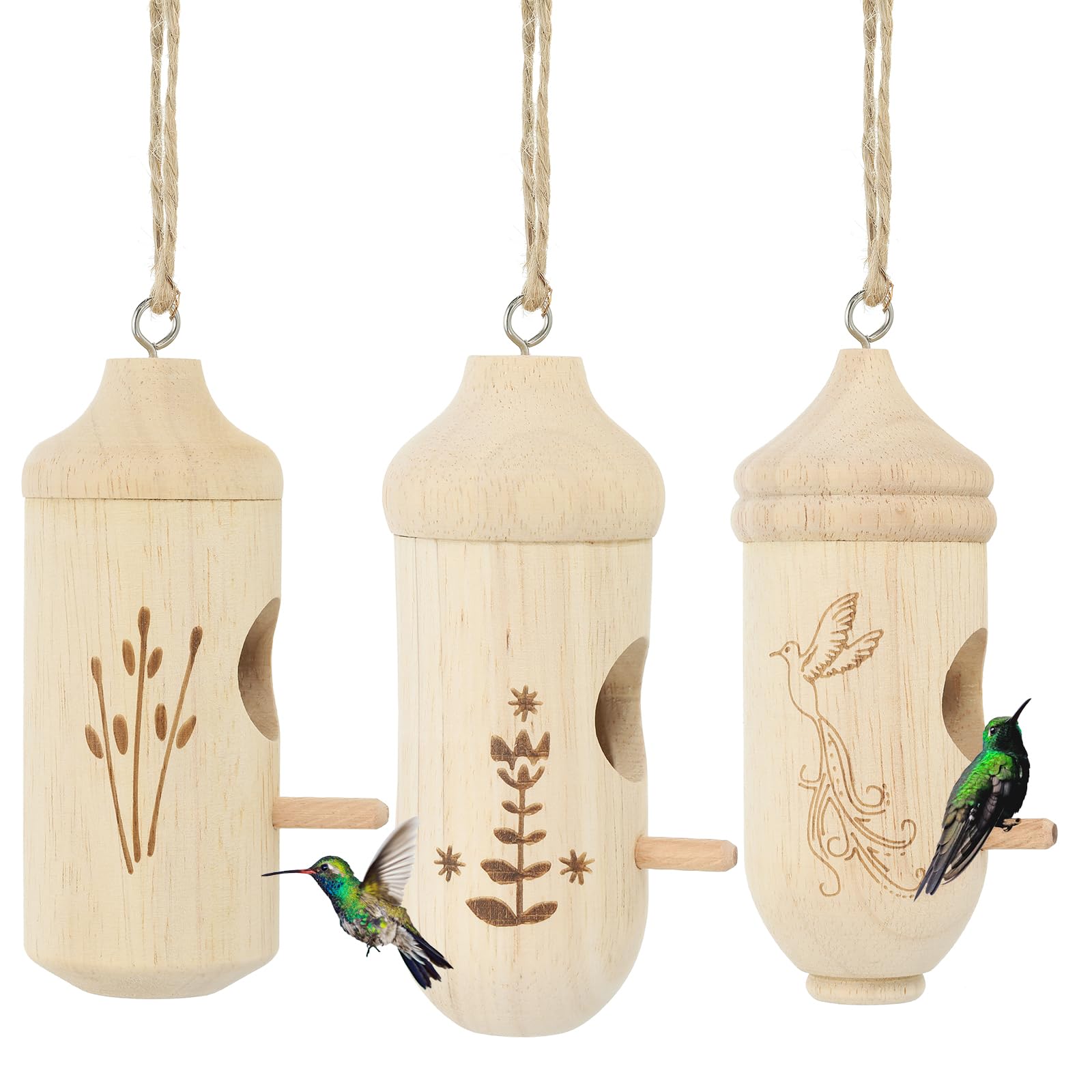 PATIKIL Hummingbird House, 3 Pcs Natural Wooden Bird Houses Hummingbird Houses for Outside for Nesting Feeders Home Garden Decoration Gardening Decor, Wooden