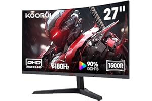 KOORUI 27 inch Gaming Monitor, QHD (2560 x 1440) R1500 180Hz Curved Monitors, AdaptiveSync with 1ms, VESA Compatible, HDR10, 