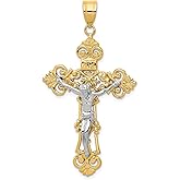 14k Real Gold INRI Crucifix Cross Pendant with Fleur de Lis Design for Men and Women Two Tone Religious Catholic Jewelry Charm Spiritual Filigree Christian Symbol Devotional Sacred Necklace