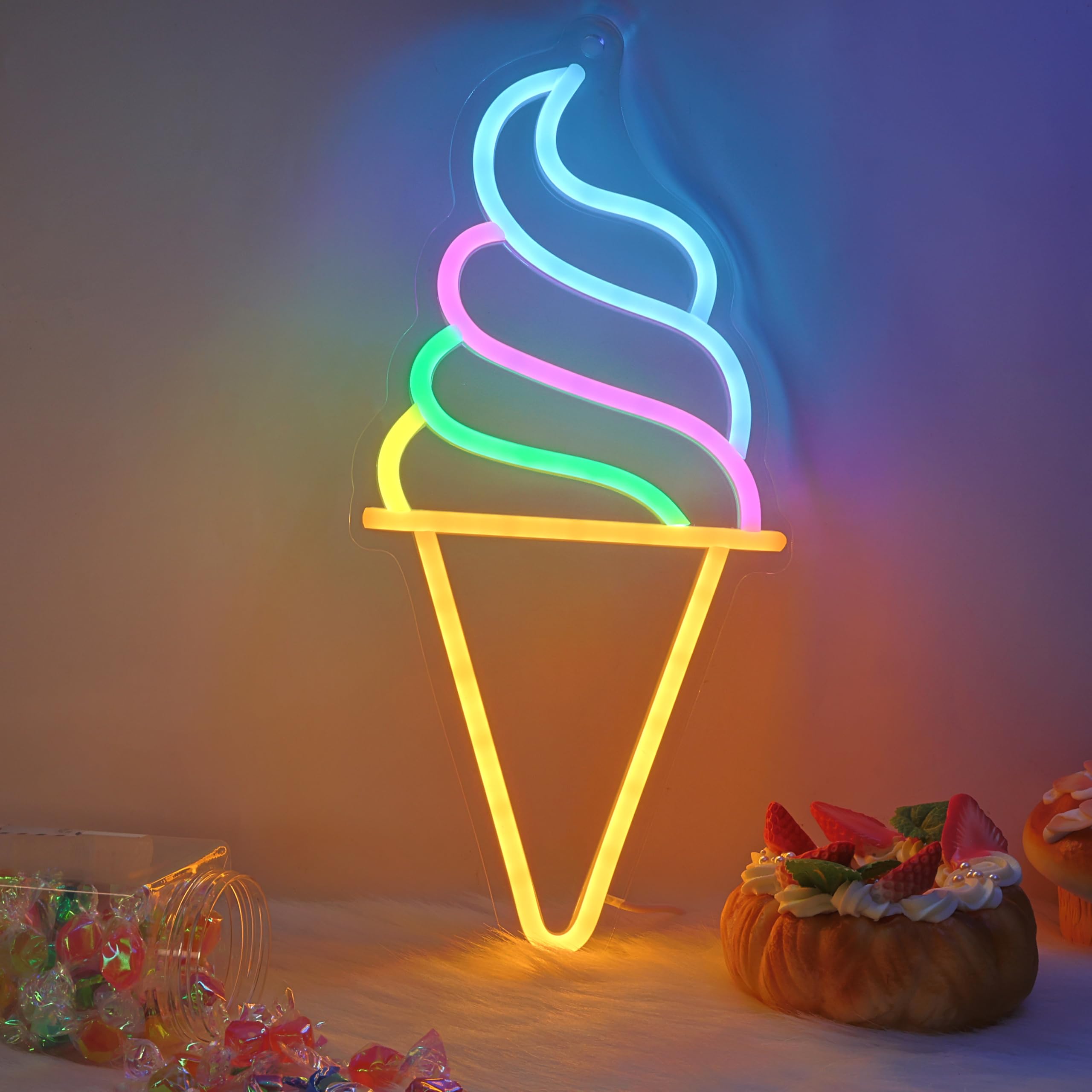 CoolGift Mart Ice Cream Neon Sign - Dimmable LED Light for Ice Cream Shop Wall Decor, USB Powered with 5 Color Lights, Ideal for Business Dessert Store, Bar, Party, Bedroom Decoration