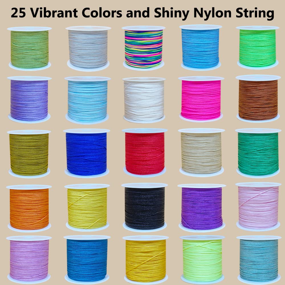 Nylon String for Bracelets, 25 Colors 1125 Yards Chinese Knotting Cord, 0.8 mm Nylon Cord for Jewelry Making, Beading, Necklaces, Kumihimo, Friendship Bracelets, Tassels and Craft