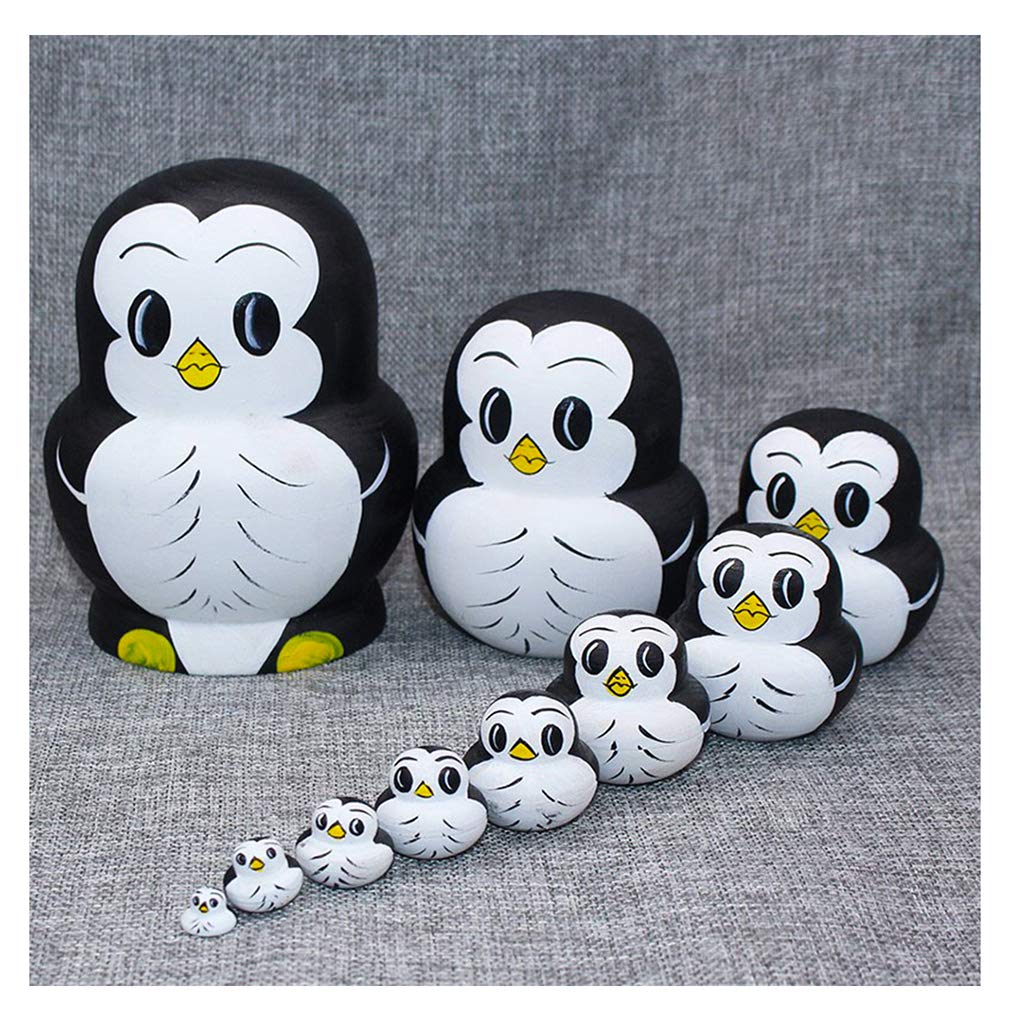 Moonmo 10pcs Animal Pattern Wooden Nesting Toys Russian Nesting Dolls Matryoshka Stacking Dolls (Penguin)