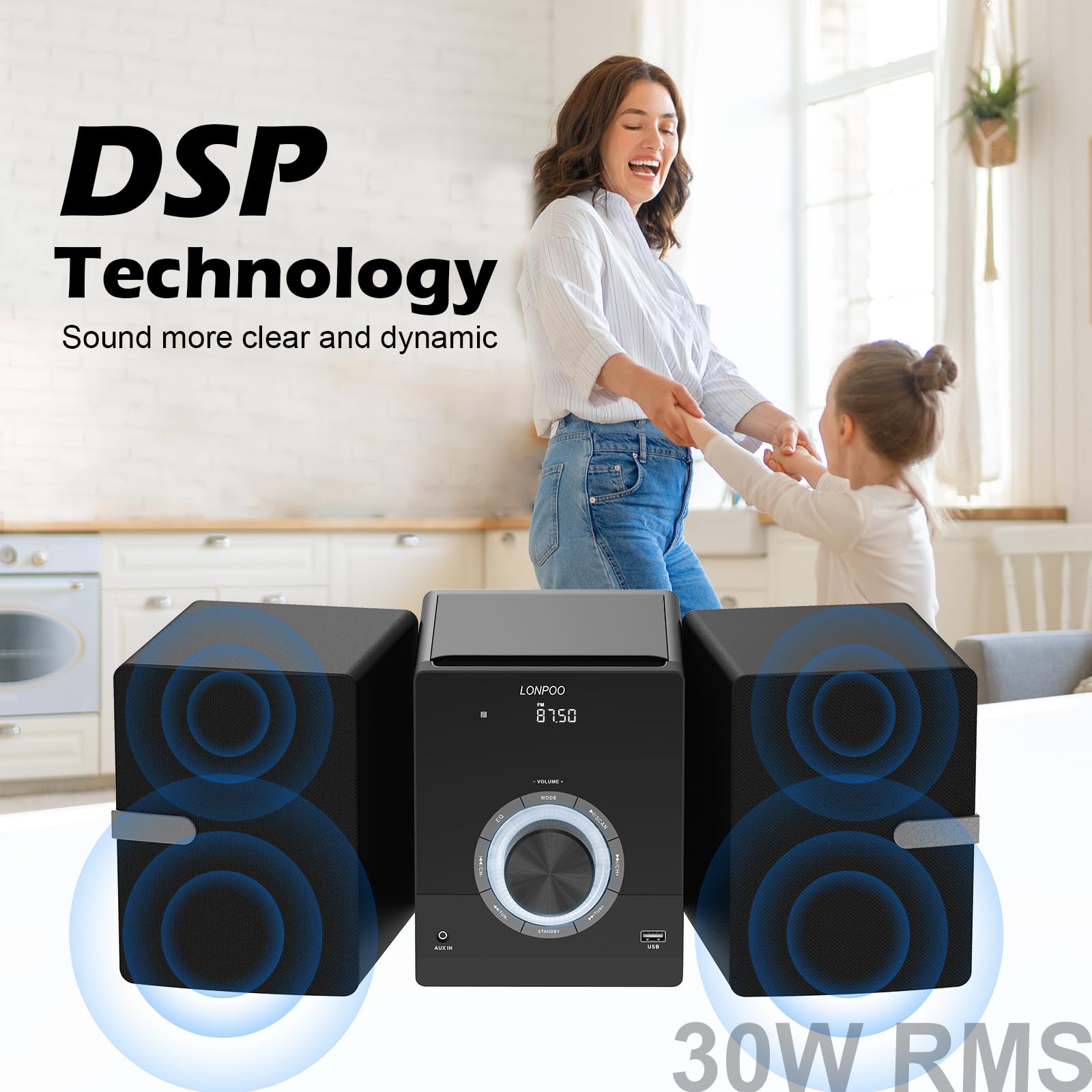 Compact Stereo System Speakers with CD Player, Bluetooth, FM Radio, Aux-in, USB-in, Earphone Jack, DSP-Tech, Remote, 30W Crisp-Sound Shelf Stereo System for Home (LP-886BT)