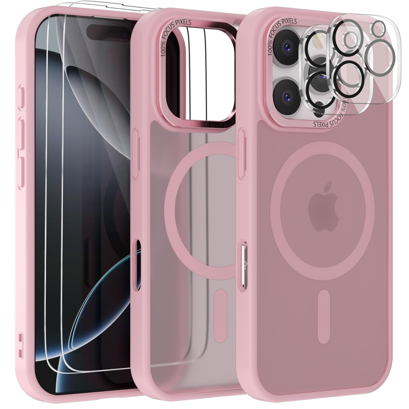 YIRSUR Matte Magnetic Case for iPhone 16 Pro[Built-in 2 HD Screen Protectors and 2 HD Lens Protector], Compatible with Mag safe, Shockproof Slim Translucent Matte Back Anti-Fingerprint Cover, Pink