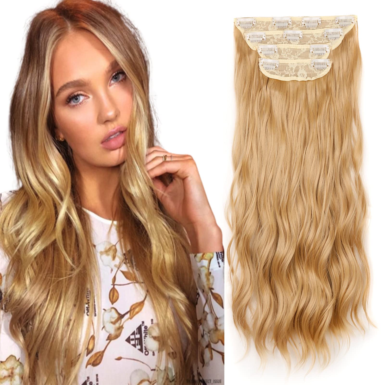 Gairyan Clip in Hair Extensions 4PCS Curly Wavy Long Hair Pieces Full Head Synthetic Hair Extension Thick Natural Look for Women, 22 Inches 180g, Dirty Blonde — image 1