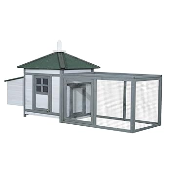 Pawhut Poulailler Cottage Multi équipement Perchoir Rampe Pondoir Enclos Tiroir à Déjection 196l X 74l X 98h Cm Bois Massif Pin Gris Blanc