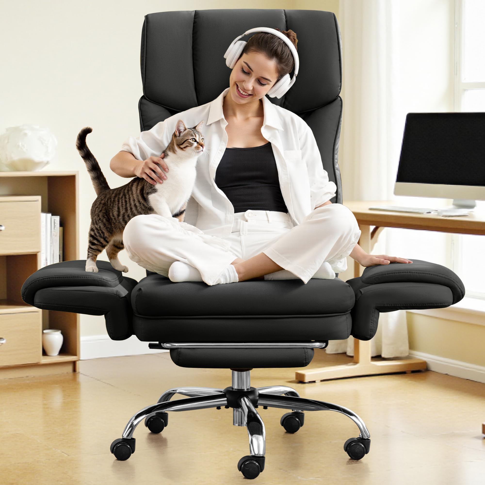 Photo 1 of Big and Tall Office Chair, 400LBS Wide Leather Gaming Chair with Footrest, High Back Executive Chair, Reversible Armrest for Pets, 135° Reclining Cross Legged Desk Chair with Lumbar Support(Black)