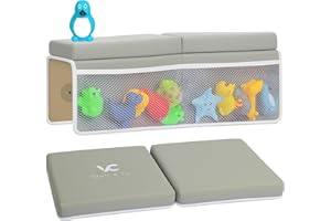 Vault & Co Bath Kneeler and Elbow Rest Pad Set – Extra Thick 1.5” Cushioned Baby Bath Kneeling Pad, Non-Slip Mat with Quick Dry Cover Storage Pockets, Waterproof Support & 5 Fun Bath Toys