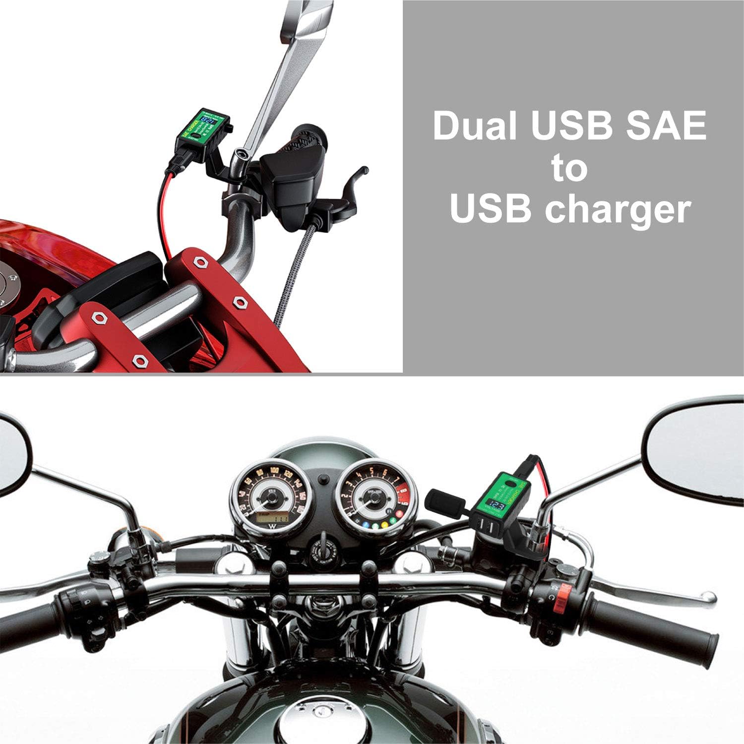 【Upgraded Version】 YONHAN 4.8A Motorcycle USB Charger SAE to USB Adapter with Voltmeter & ON/Off Switch, 3 Install Options Waterproof Quick Disconnect Plug for Smart Phone Tablet GPS