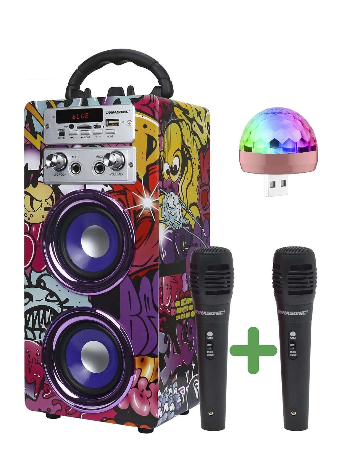 DYNASONIC Portable Karaoke Machine, Karaoke Speaker with 2 Microphones, Bluetooth Speaker, USB Light Included, USB and SD Reader, Original Gift (025-12 Light) — image 1