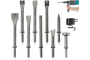 FLKQC 10pcs Pneumatic Air Hammer Chisels Set, Heavy Duty High Carbon Steel Pneumatic Air Hammer Chisels with 0.401" Shank, Pneumatic Chisel Tool Rivet Removal & Automotive Repairs, Includes Spring