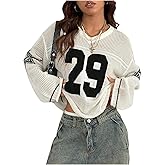 BEAUDRM Women's Y2k Tops Graphic Oversized Crochet Jersey Shirt V Neck Long Sleeve Knit Pullover Sweater Going Out Top