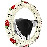 Crochet Steering Wheel Cover Set,Cute Car Steering Wheel Cover Boho 14-15 in, White Strawberry Granny Square Pattern,Women Car Accessories (A Wheel Cover)