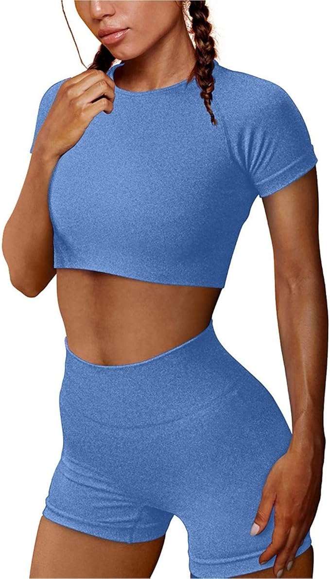 Women Short Yoga Sets Outfit 2 Pieces Seamless Yoga Leggings, Short