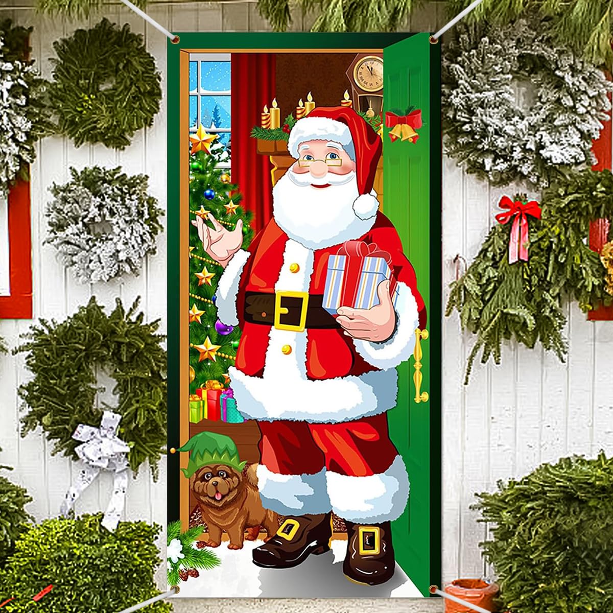 HEKOBAG Christmas Door Cover, 78.7*35inch Christmas Santa Claus Door Cover Xmas Door Hanging Banner Santa Background Banner Christmas Party Decorations for Home Front Door Holiday Christmas Decoration