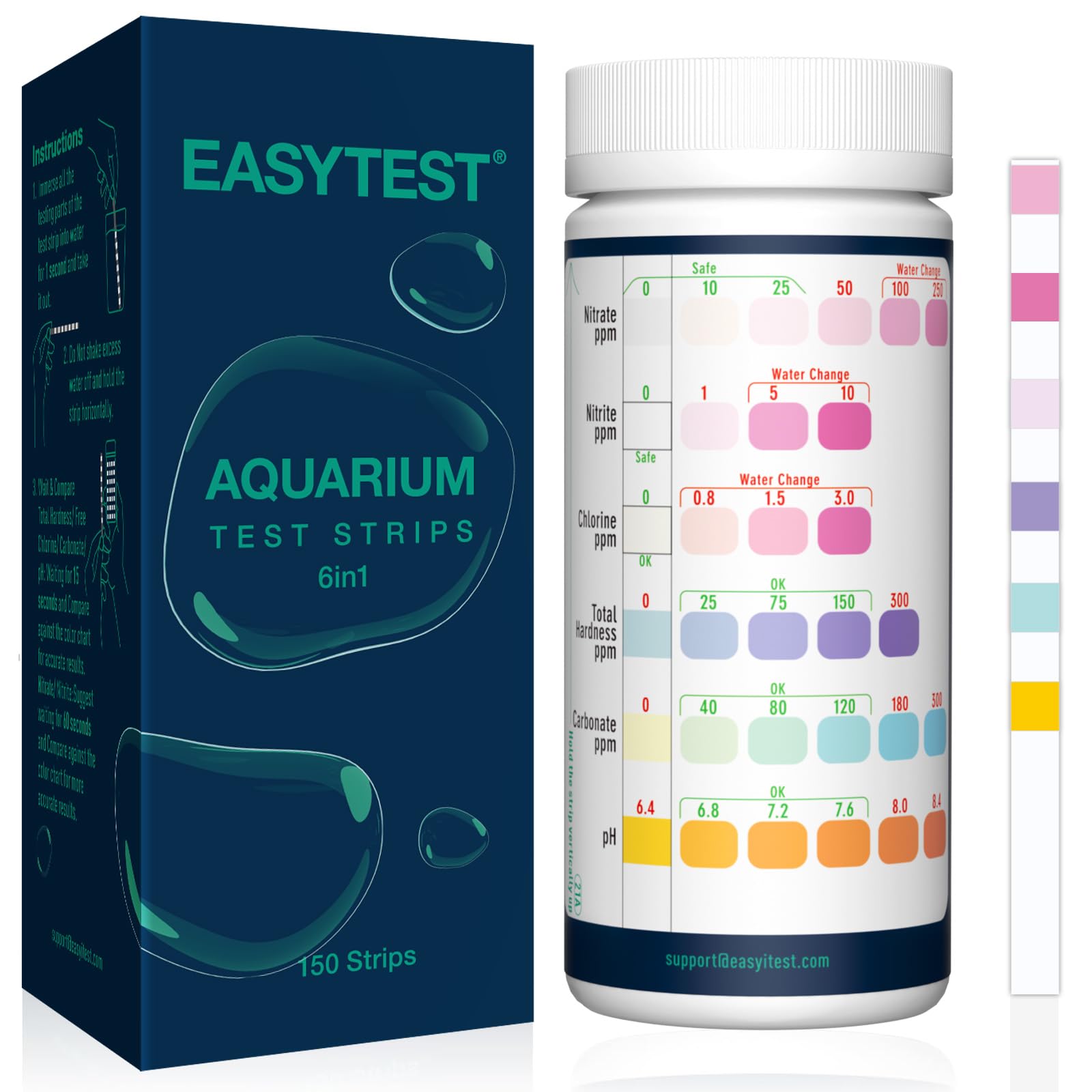 EASYTEST 6 in 1 Aquarium Test Strips, 150 Strip Pack Aquarium Water Test Kit for Freshwater, Fish Tank, Fish Pond, Accurate Testing Total Hardness, Carbonate Nitrate, Nitrite, Cl2, pH — image 1