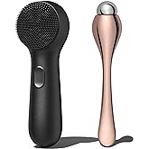 NågraCoola CLIE Silicone Face Scrubber, Facial Cleansing Brush, Rechargeable, Waterproof Face Scrub Brush for Deep Cleansing, Exfoliating, Massage, with Eye Roller, for Women and Men-Black