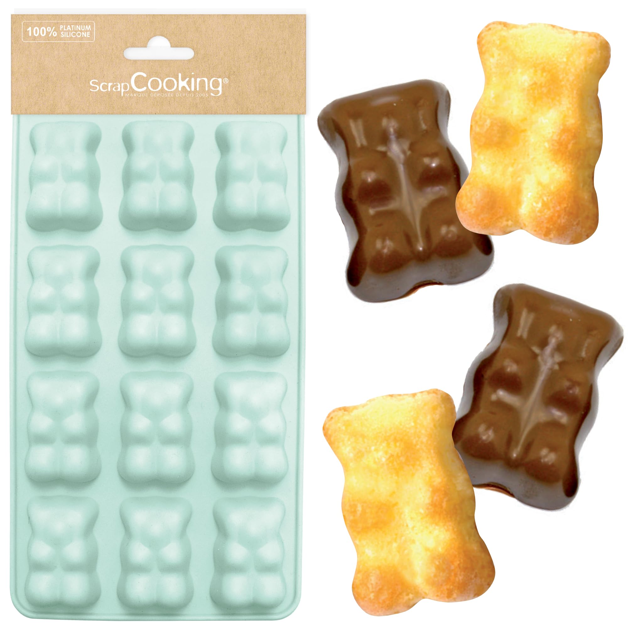 SCRAP COOKING 6723 Marshmallow Bears Silicone Mould, 12 Shapes for Chocolate & Cakes, Soft Baking Utensil, Suitable for Ovens and Freezers, 25 x 12.5 x 1.5 cm, Water Green