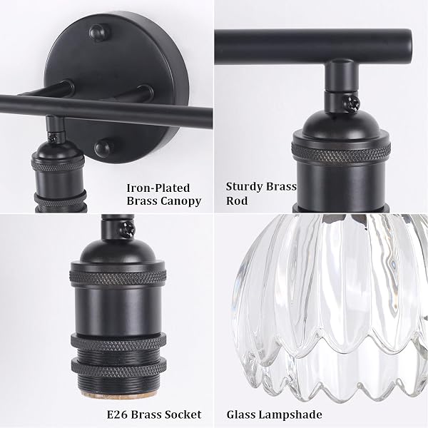 SHENMOYL BATHROOM LIGHT FIXTURES, 3-LIGHT BLACK VANITY WALL LIGHT OVER MIRROR WITH CLEAR TULIP GLASS SHADE FOR BEDROOM LIVING ROOM (BULB NOT INCLUDED)