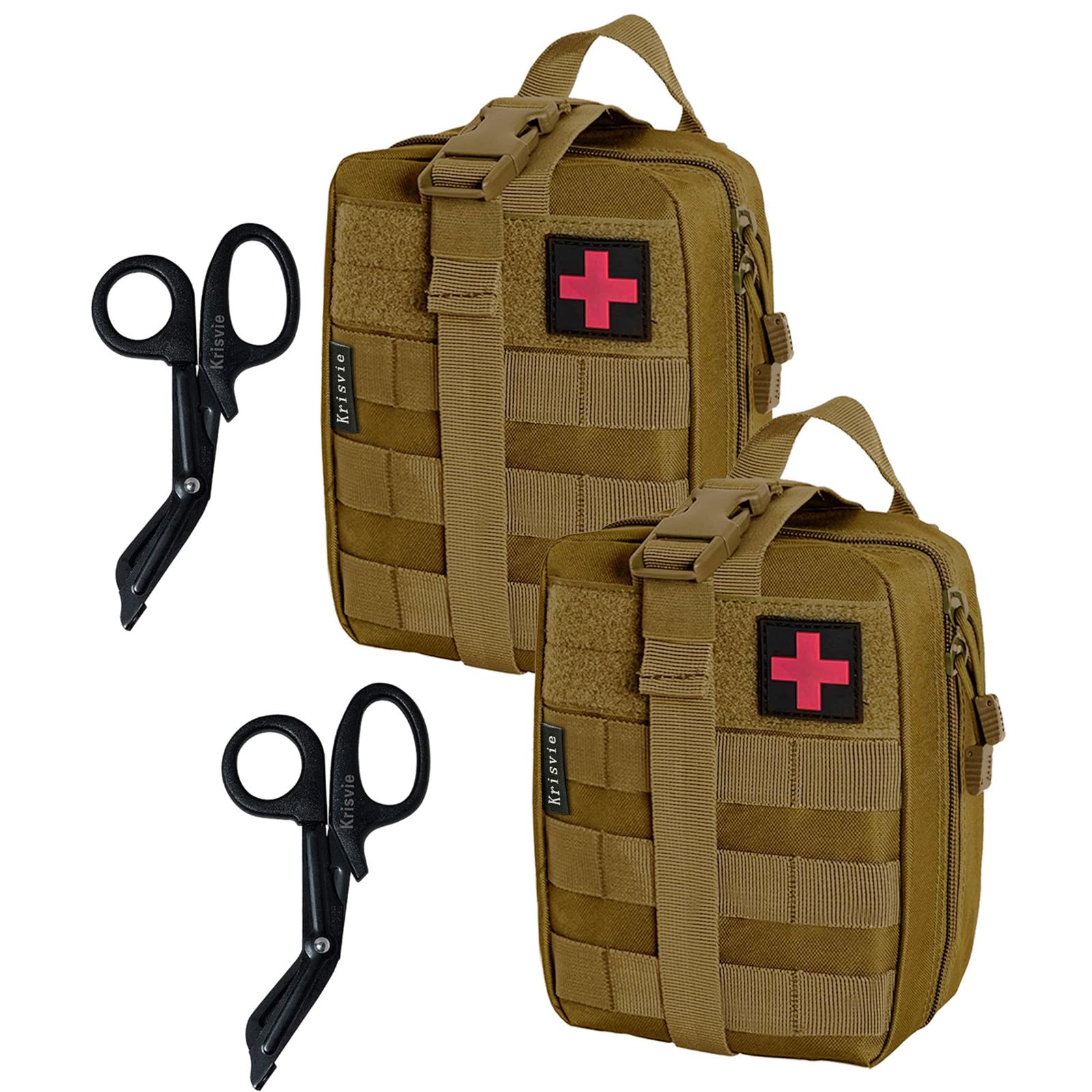Krisvie 2Pack First Aid Molle Pouch EMT Pouch Detachable Tactical Medical Bag for Outdoor Activities with Shearr(Tan)