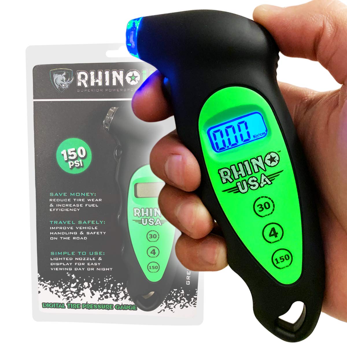 Rhino USA Digital Tire Pressure Gauge 150 PSI, 4 Ranges, Ergonomic Design w/Lighted Nozzle & LCD Backlit Display - Certified Accurate Readings, Best Digital Gage: Industrial & Scientific
